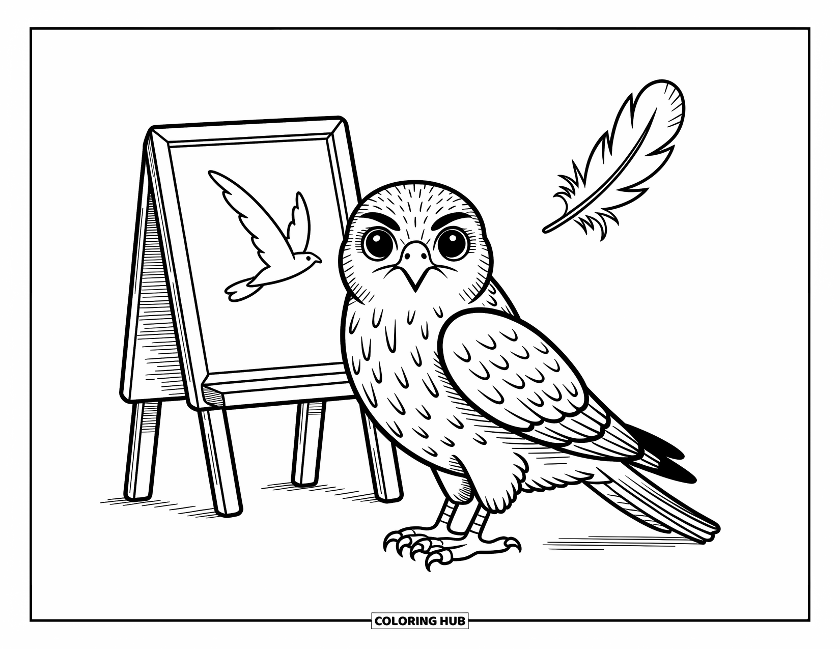 Hawk Coloring Page for Adults: Curious hawk with tiny wings and a feather floats beside a chalkboard
