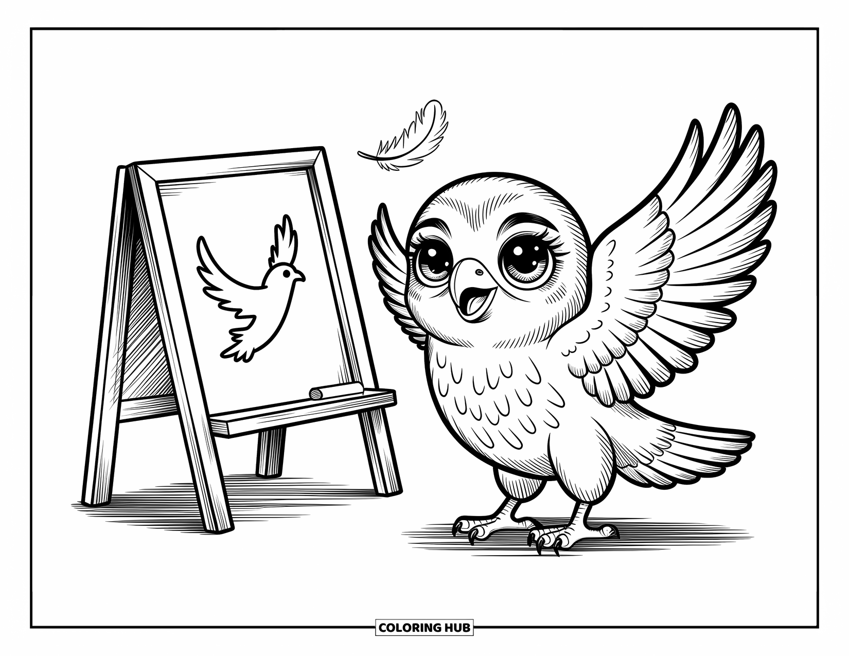 Hawk Coloring Page for Adults: Determined little hawk flaps near a chalkboard with a floating feather