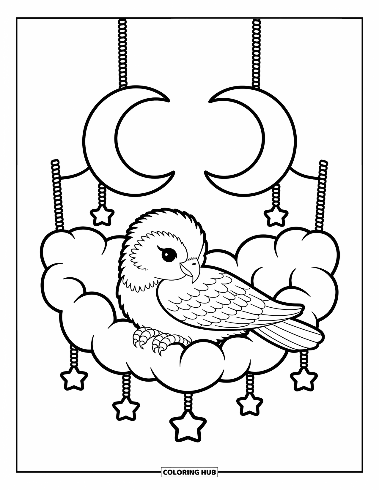 Hawk Coloring Page for Adults: Fluffy hawk rests in a moon-hung cloud hammock with star charms