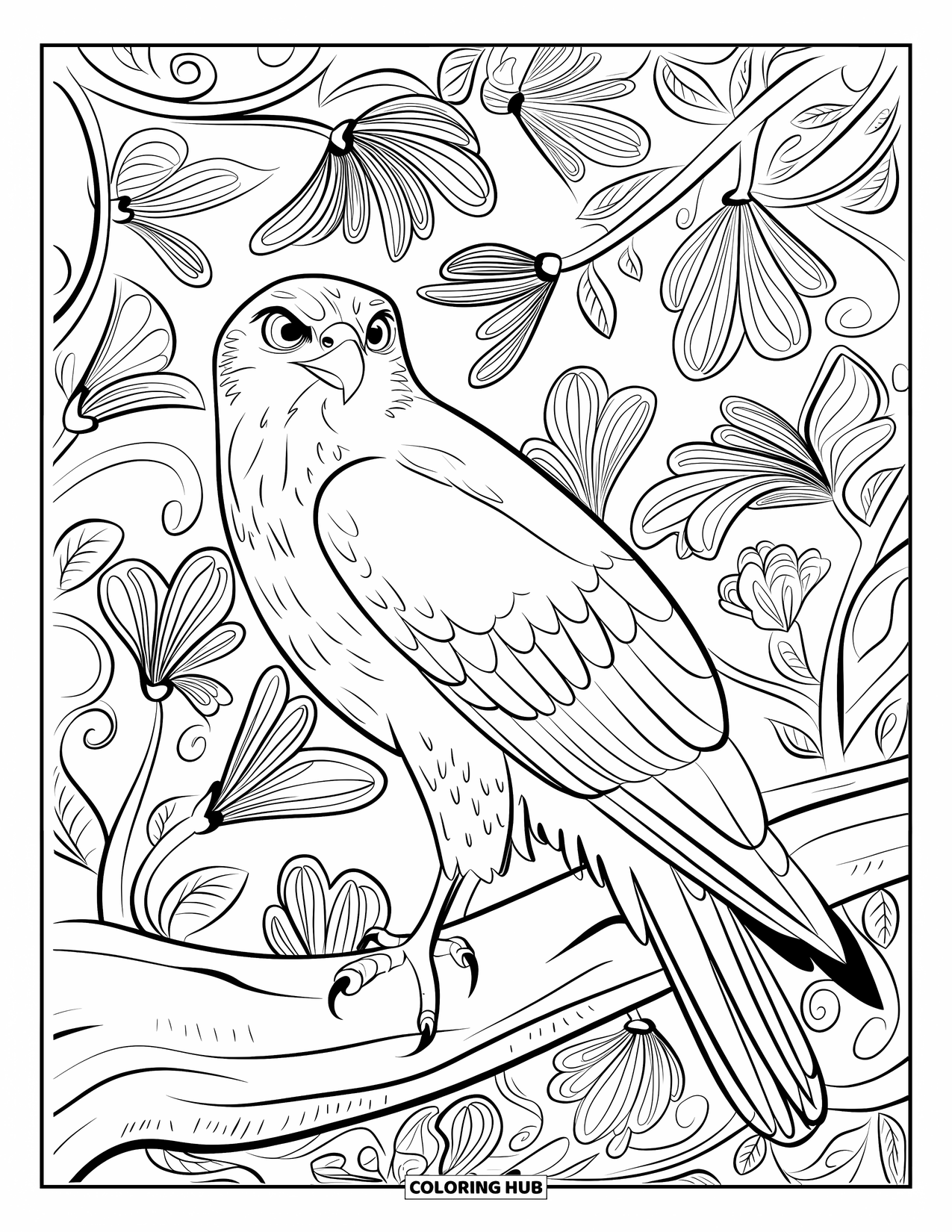 Hawk Coloring Page for Adults: Hawk grips a thick branch in a jungle of swirling flowers