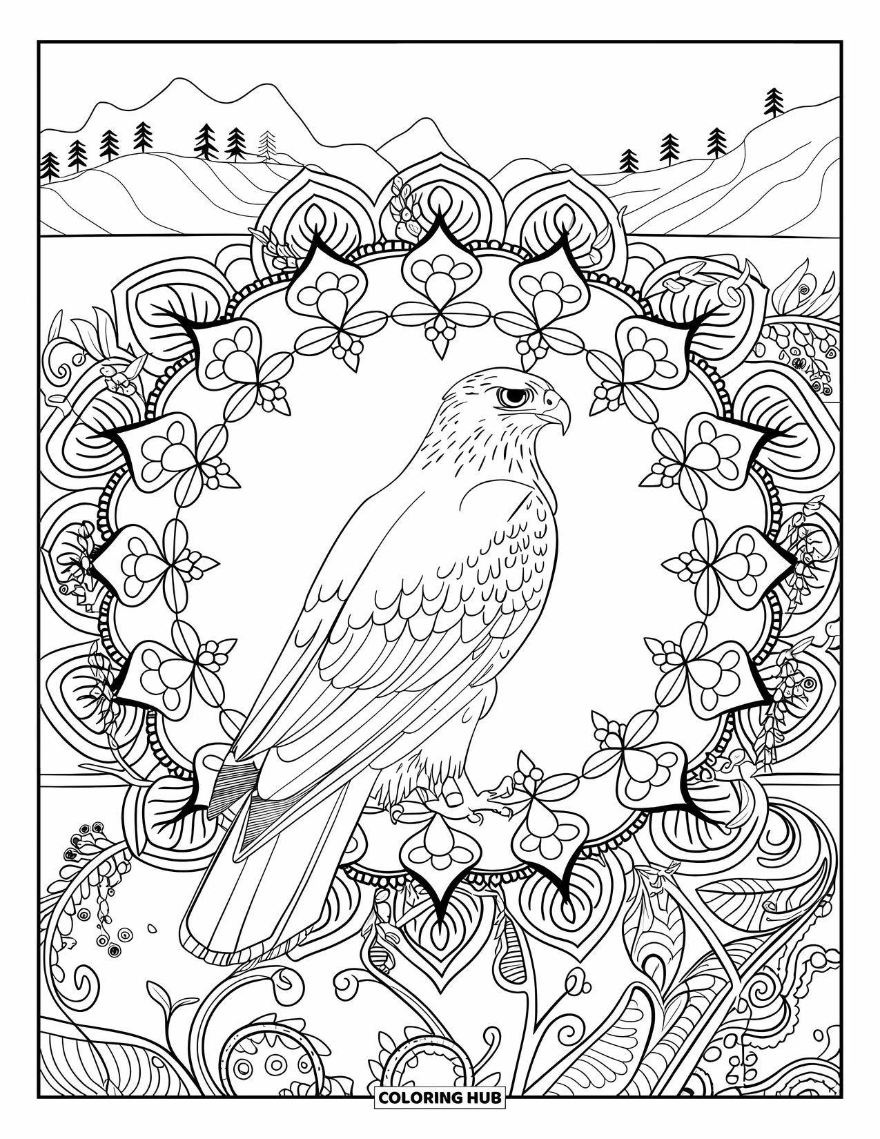 Hawk Coloring Page for Adults: Hawk looks right, framed by a full floral mandala and peaceful scene