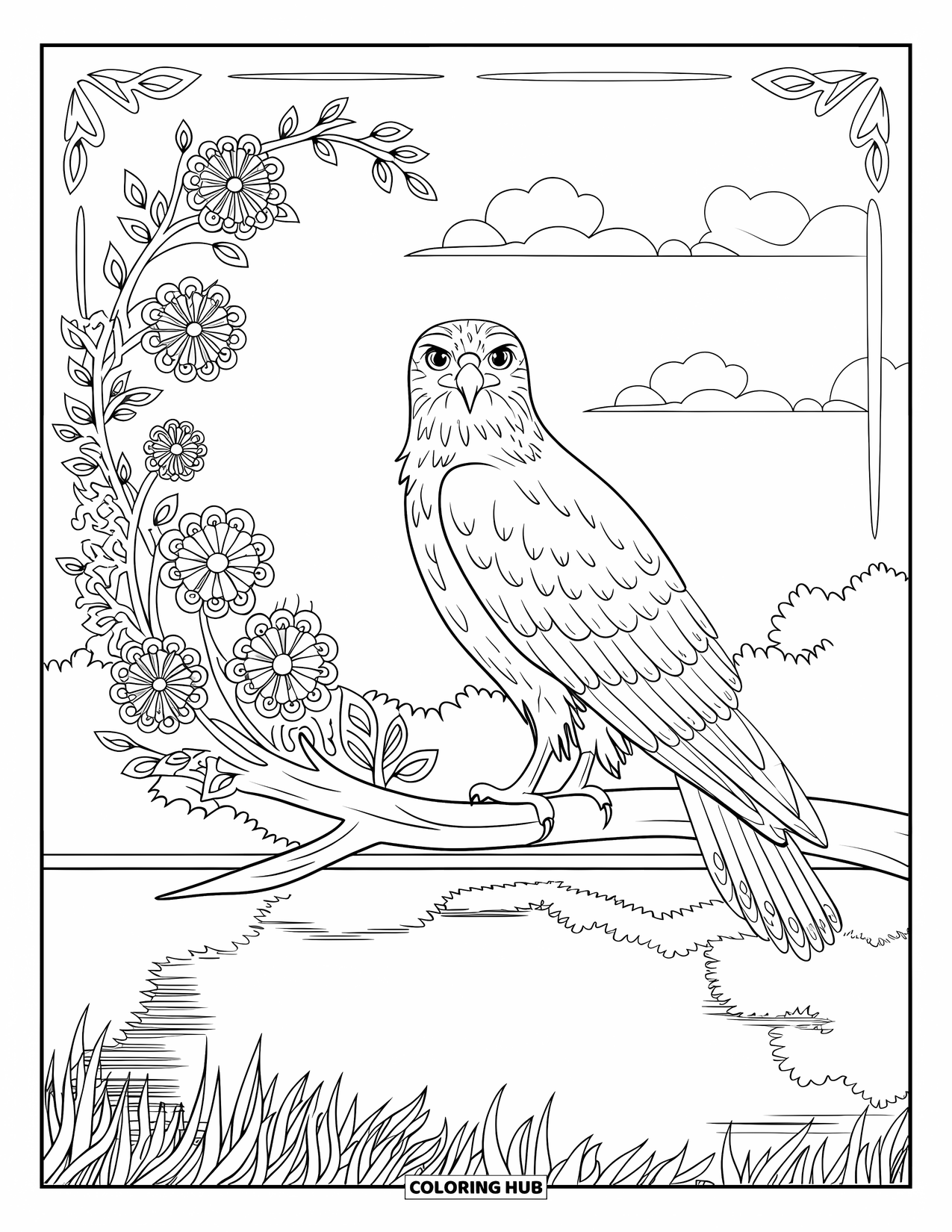 Hawk Coloring Page for Adults: Hawk on a strong branch with lake, flowers, and soft clouds