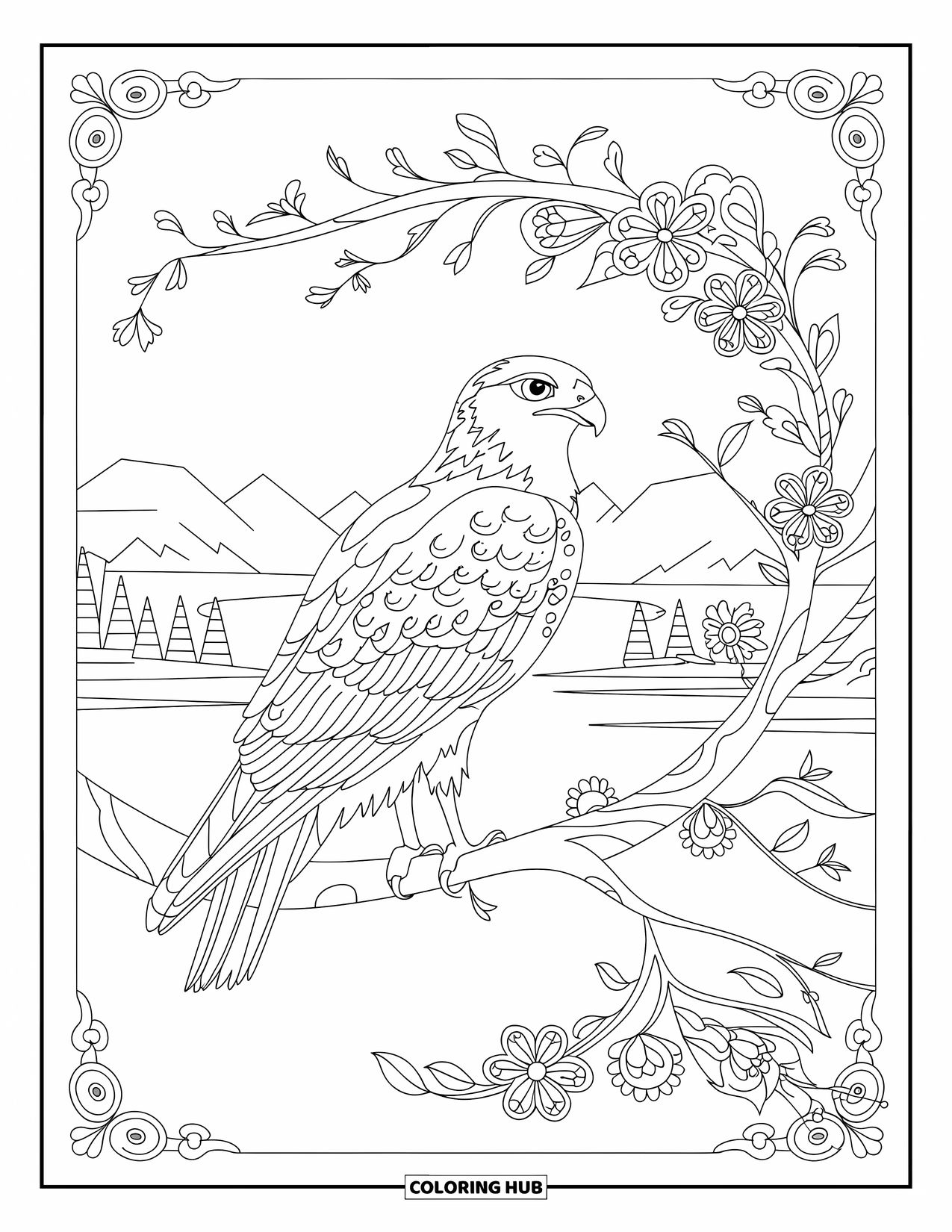 Hawk Coloring Page for Adults: Hawk on a tree branch surrounded by flowers, mountains, and water
