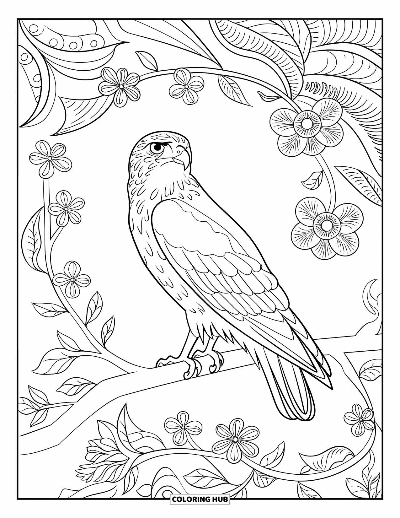 Hawk Coloring Page for Adults: Hawk perches on a branch wrapped in blooming floral patterns