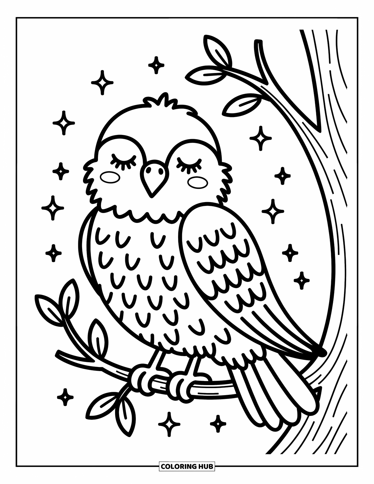 Hawk Coloring Page for Adults: Hawk rests with eyes closed on a branch, surrounded by playful stars and leaves