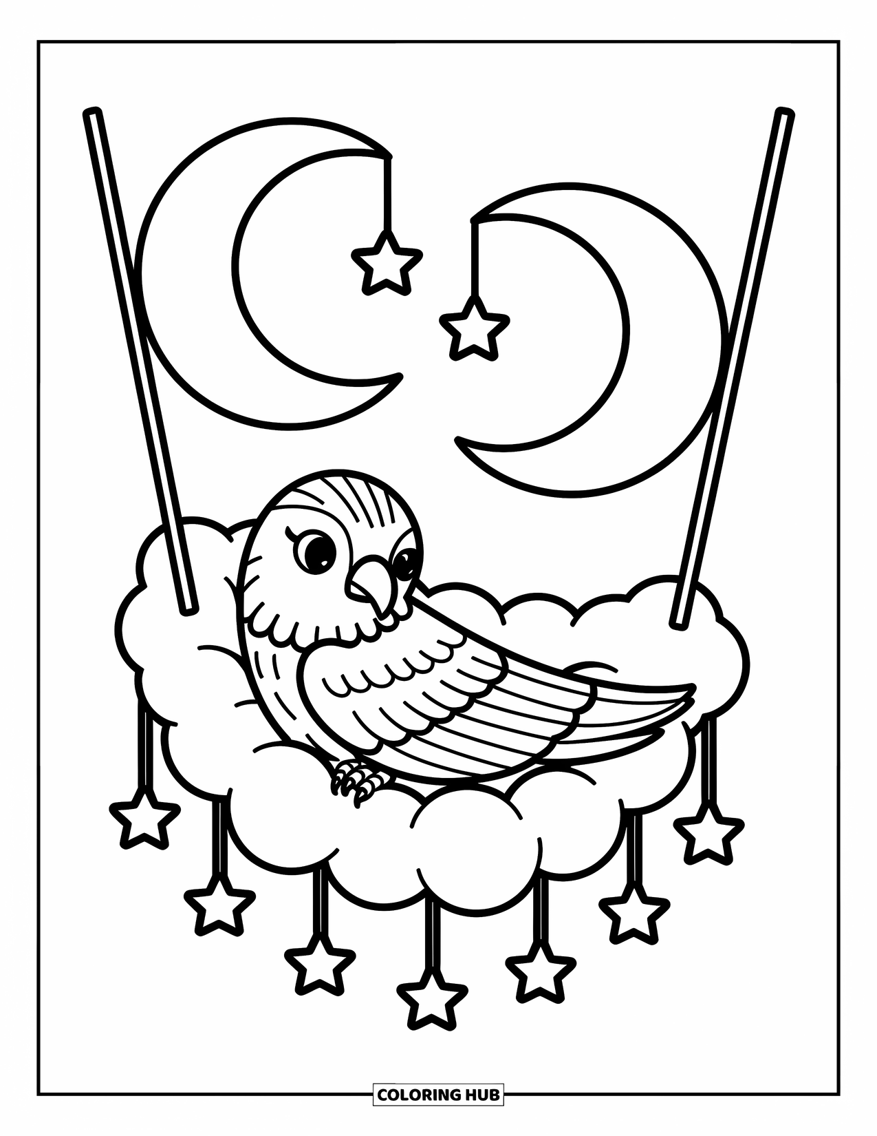 Hawk Coloring Page for Adults: Hawk snuggles in a cloud hammock with dangling stars and soft curves