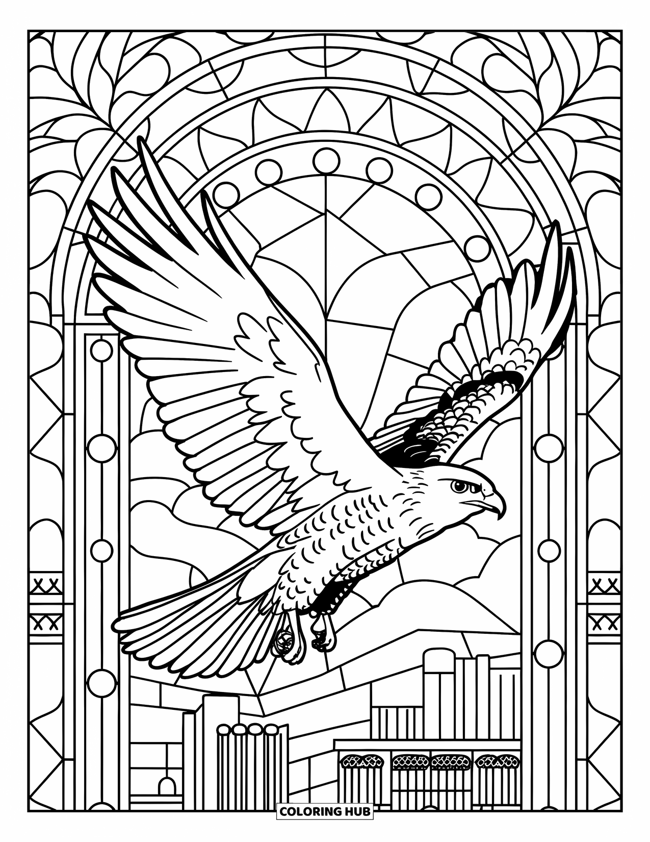 Hawk Coloring Page for Adults: Hawk soars above a city framed by stained glass designs