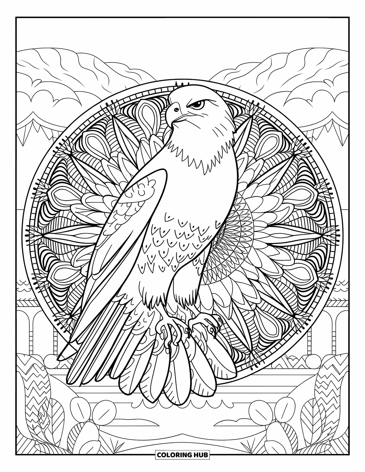 Hawk Coloring Page for Adults: Hawk with wings wide stands in a detailed floral mandala