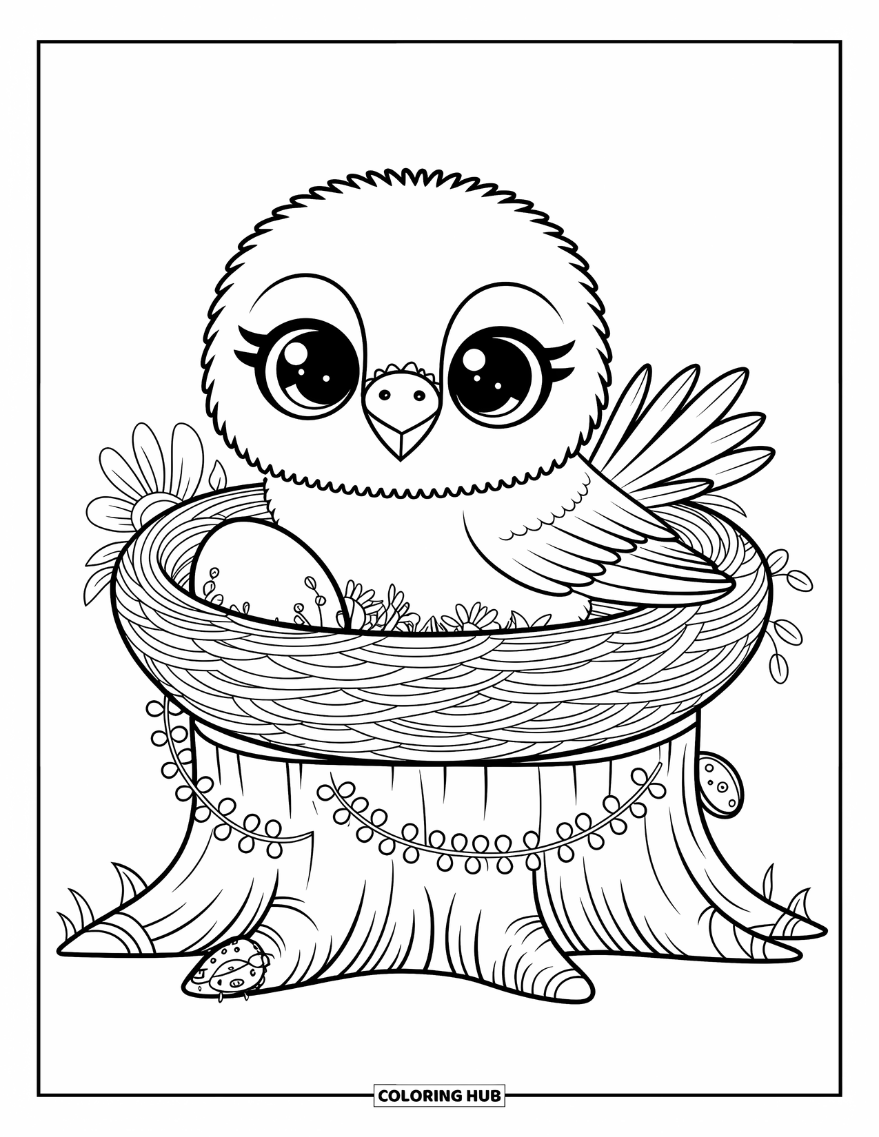 Hawk Coloring Page for Adults: Kawaii hawk snuggles in a nest with flowers, an egg, and ladybugs
