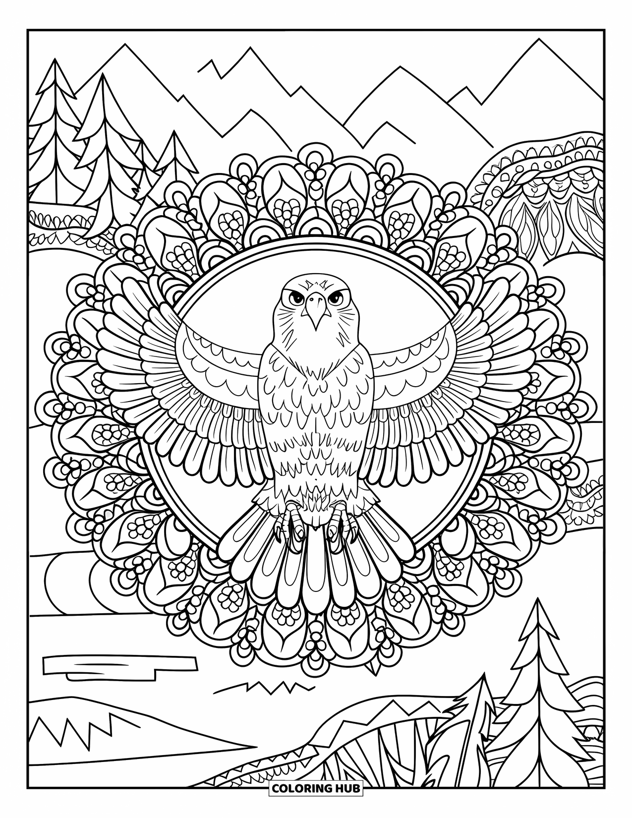 Hawk Coloring Page for Adults: Majestic hawk perched in the center of a leafy mandala