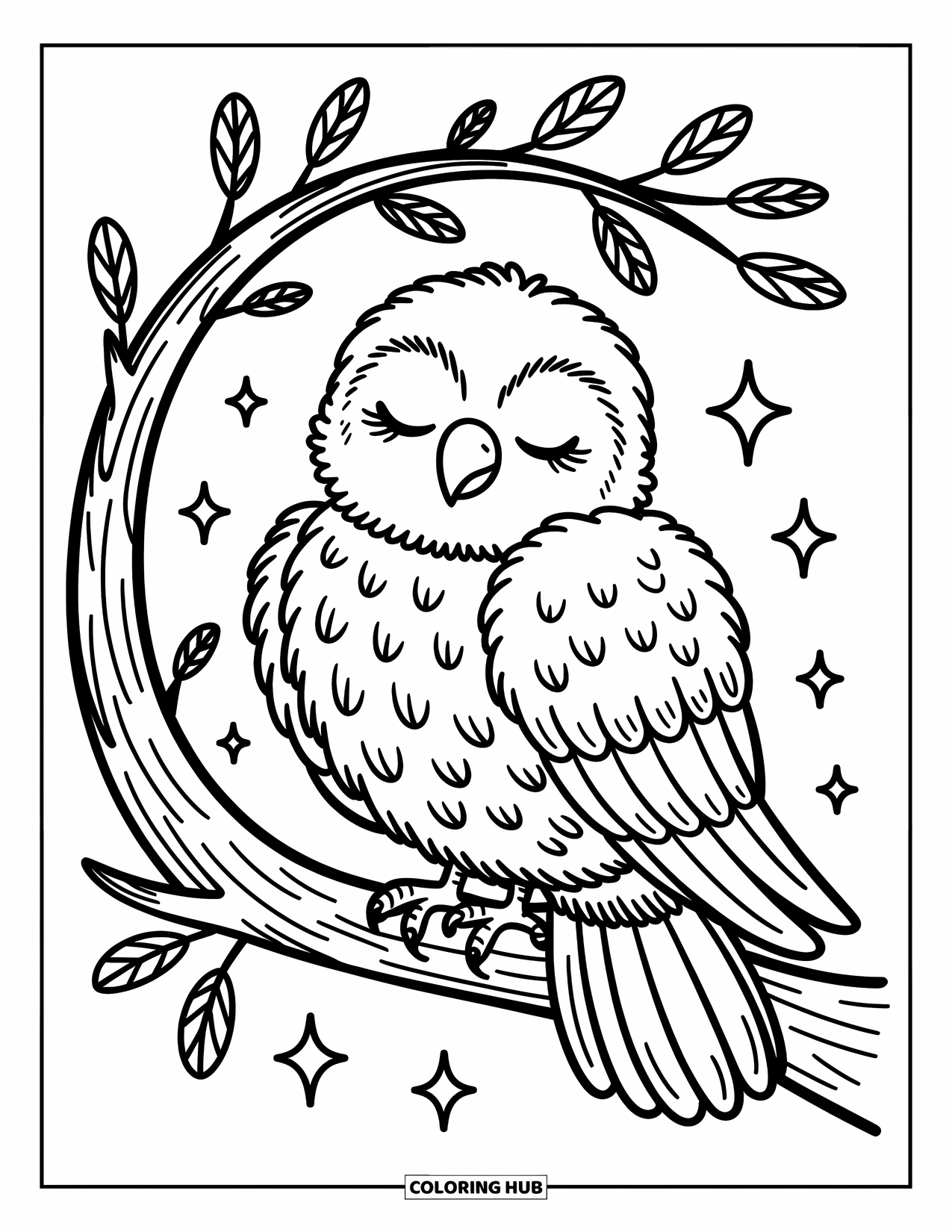 Hawk Coloring Page for Adults: Serene hawk with closed eyes perches on a curved branch under stars