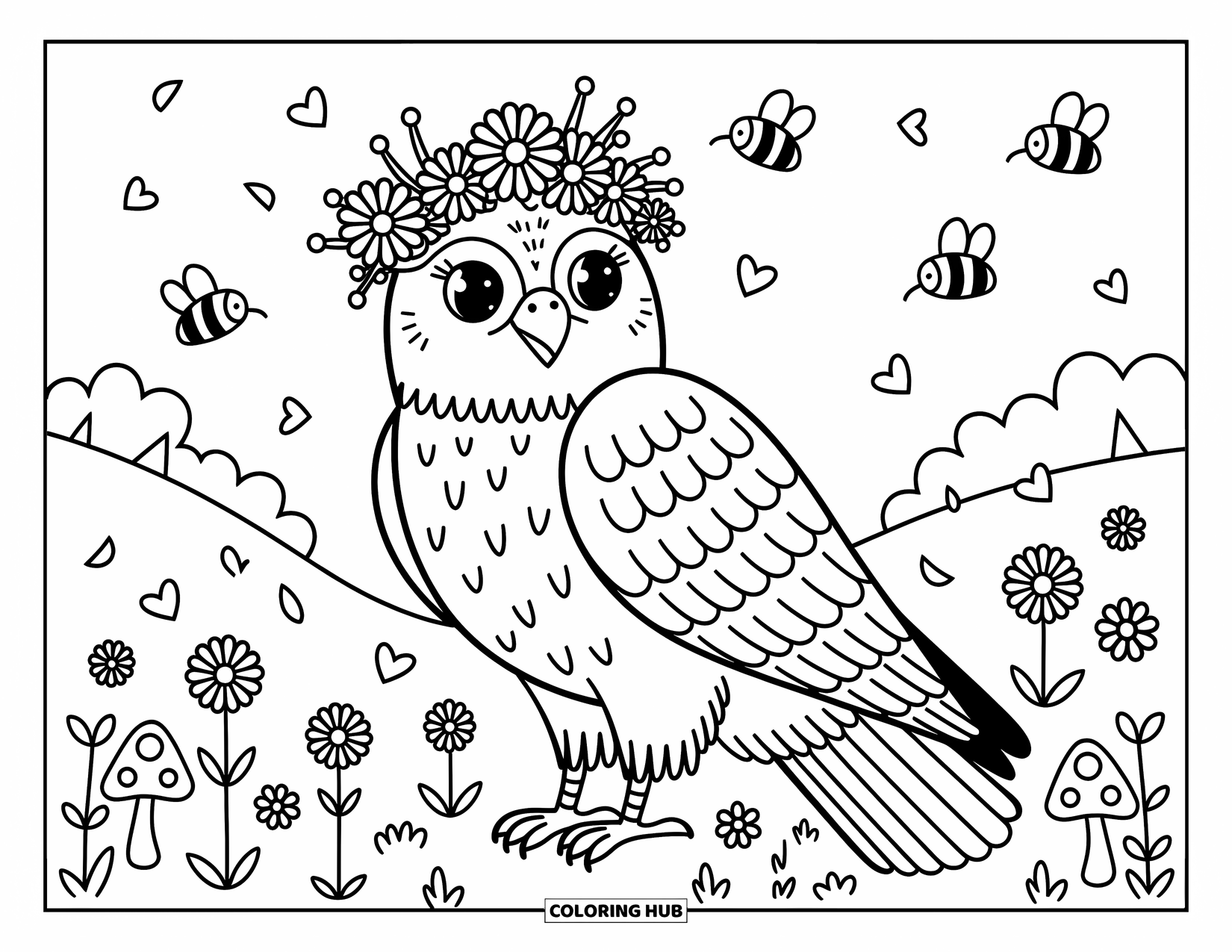Hawk Coloring Page for Adults: Sweet hawk with a daisy crown perches among petals, bees, and mushrooms