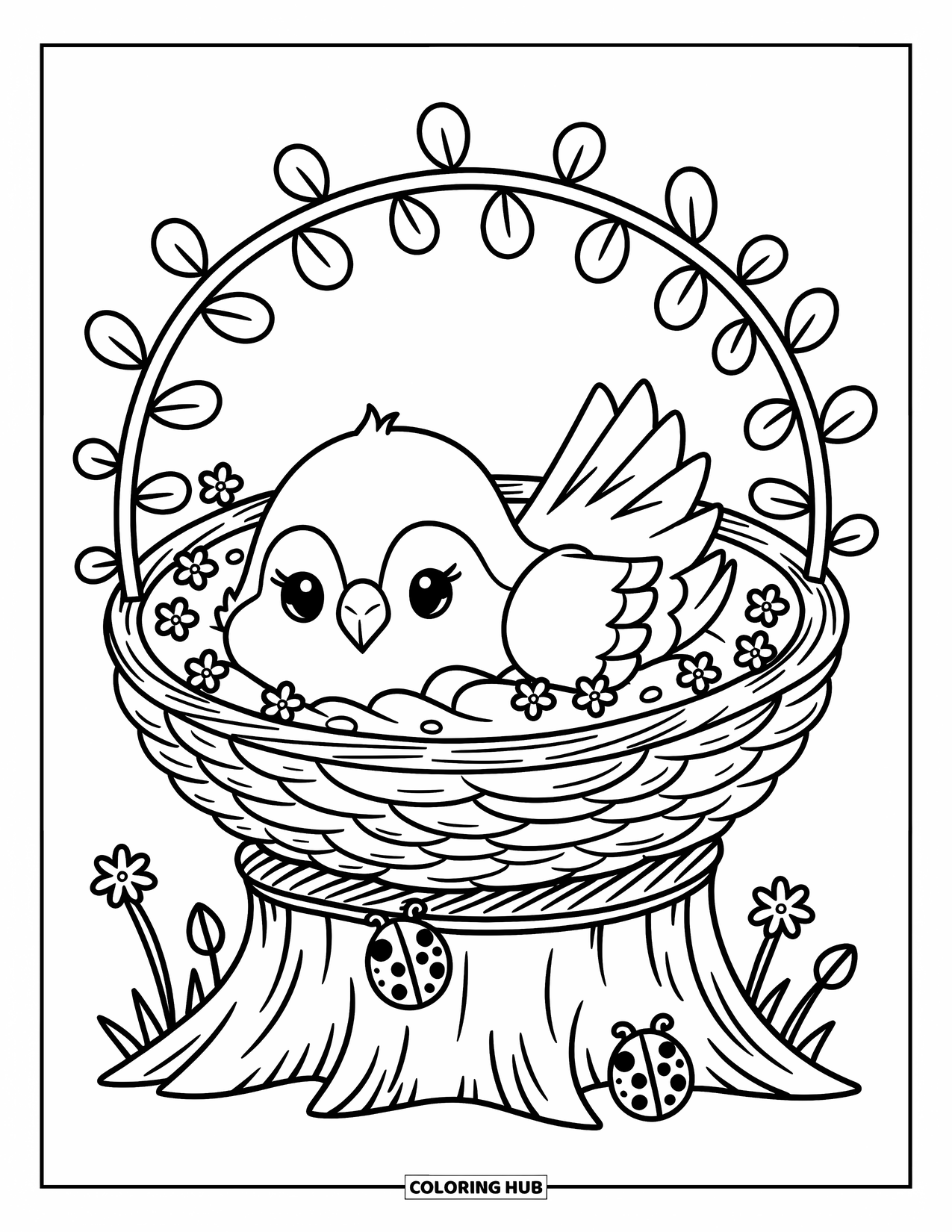 Hawk Coloring Page for Adults: Tiny hawk rests in a flower-lined nest on a stump with ladybugs