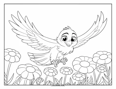 어린이를 위한 매 색칠공부: 보송보송한 깃털을 가진 귀여운 매가 꽃밭 위를 높이 날고 있는 장면