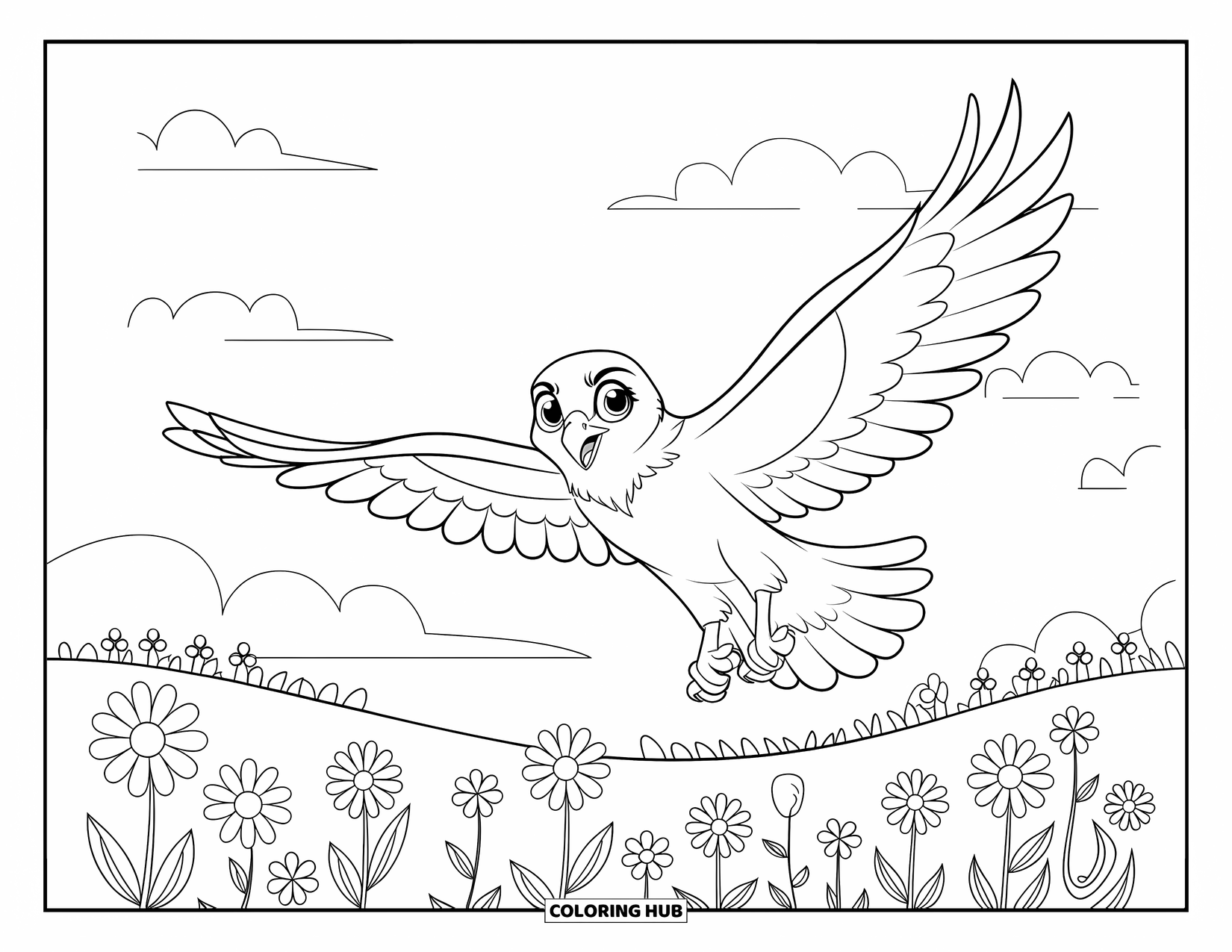 Hawk Coloring Page for Kids: Cheerful hawk glides above blooming flowers under a fluffy cloud sky