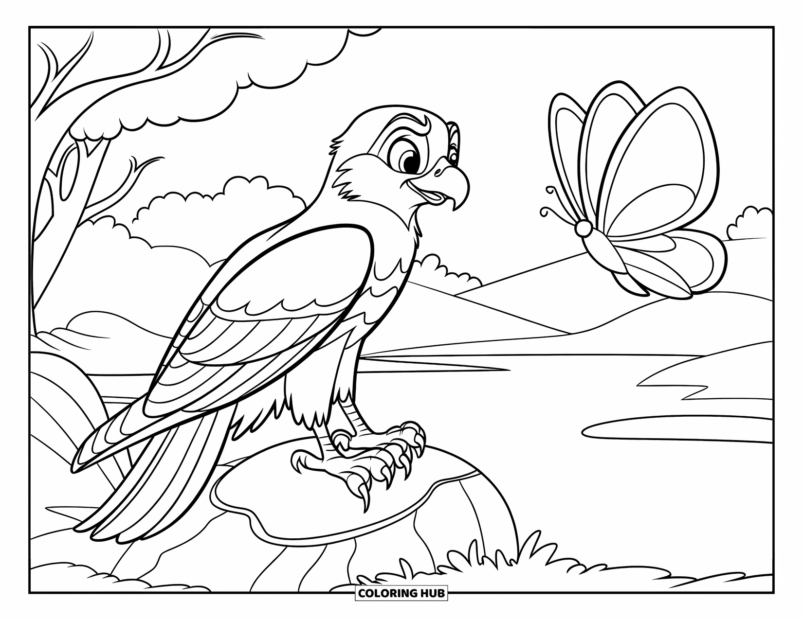 Hawk Coloring Page for Kids: Curious hawk sits on a rock, staring at a butterfly in nature