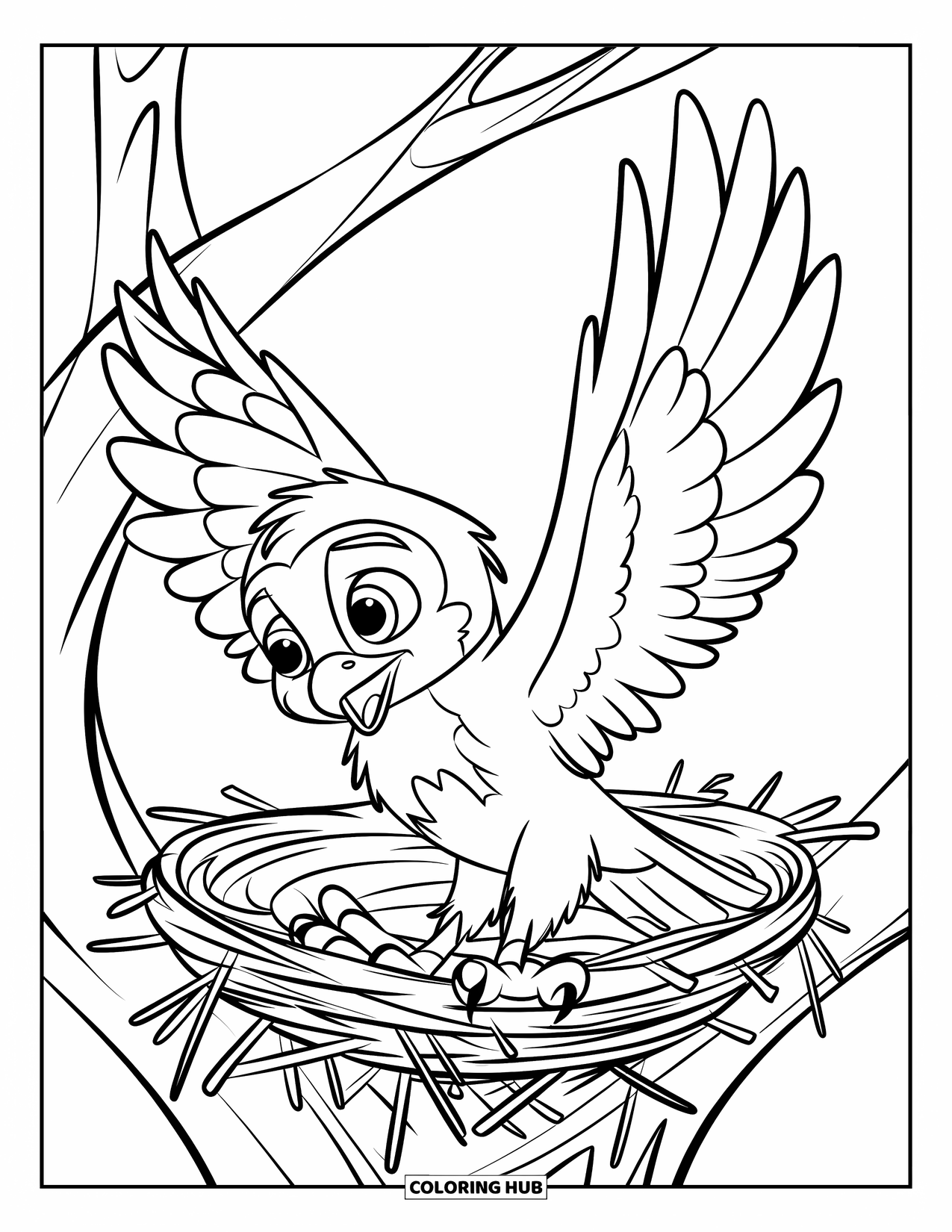 Hawk Coloring Page for Kids: Excited baby hawk flaps wings near a nest in a cheerful tree scene