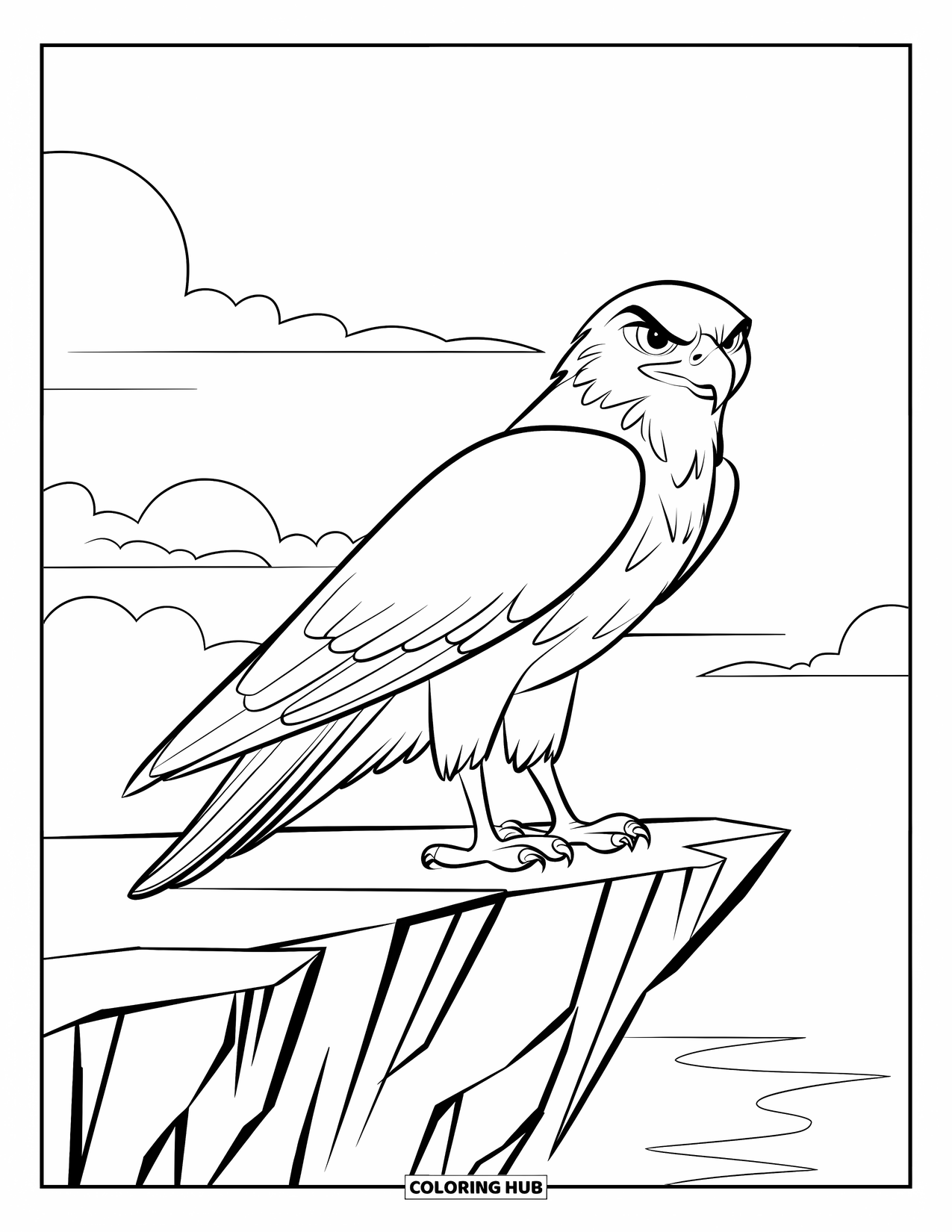 Hawk Coloring Page for Kids: Fierce hawk perched on a cliff under a cloudy sky
