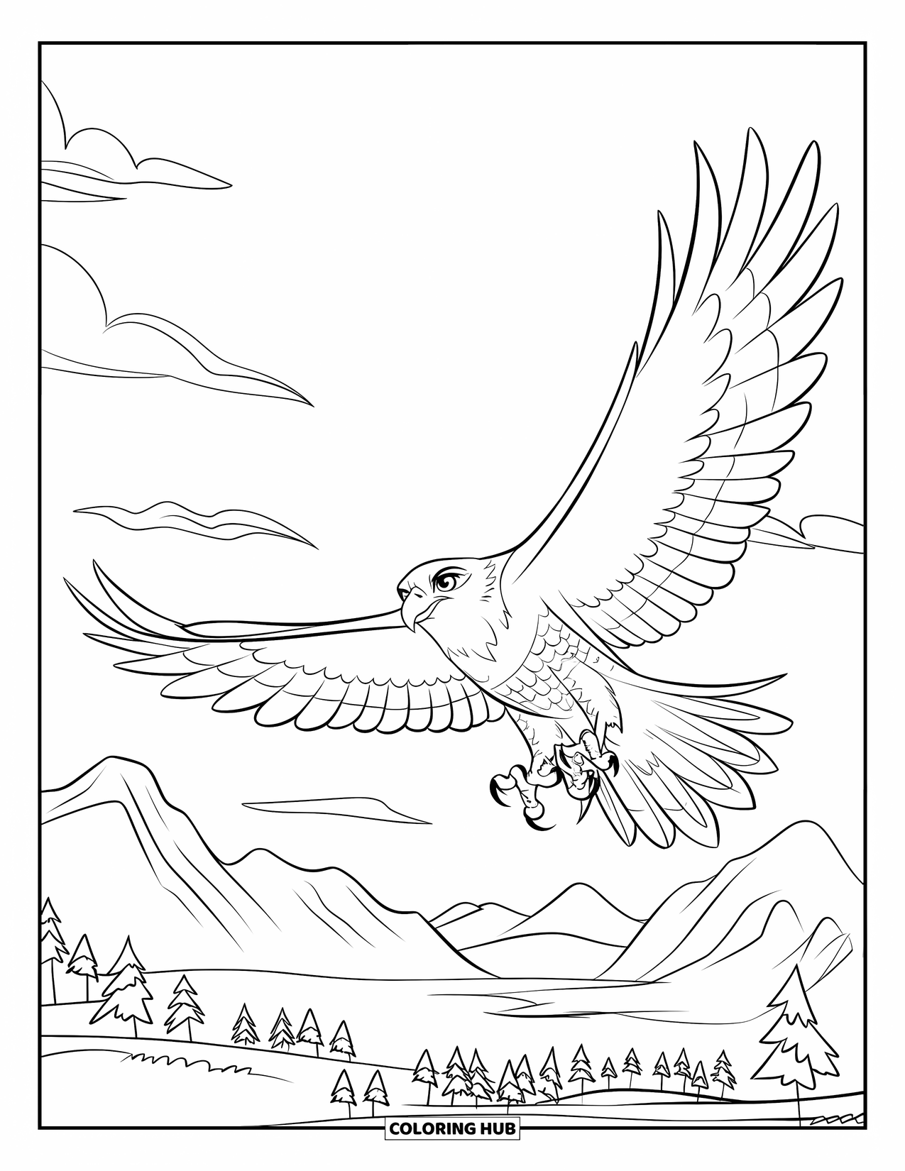 Hawk Coloring Page for Kids: Flying hawk with talons out glides over mountains, trees, and water