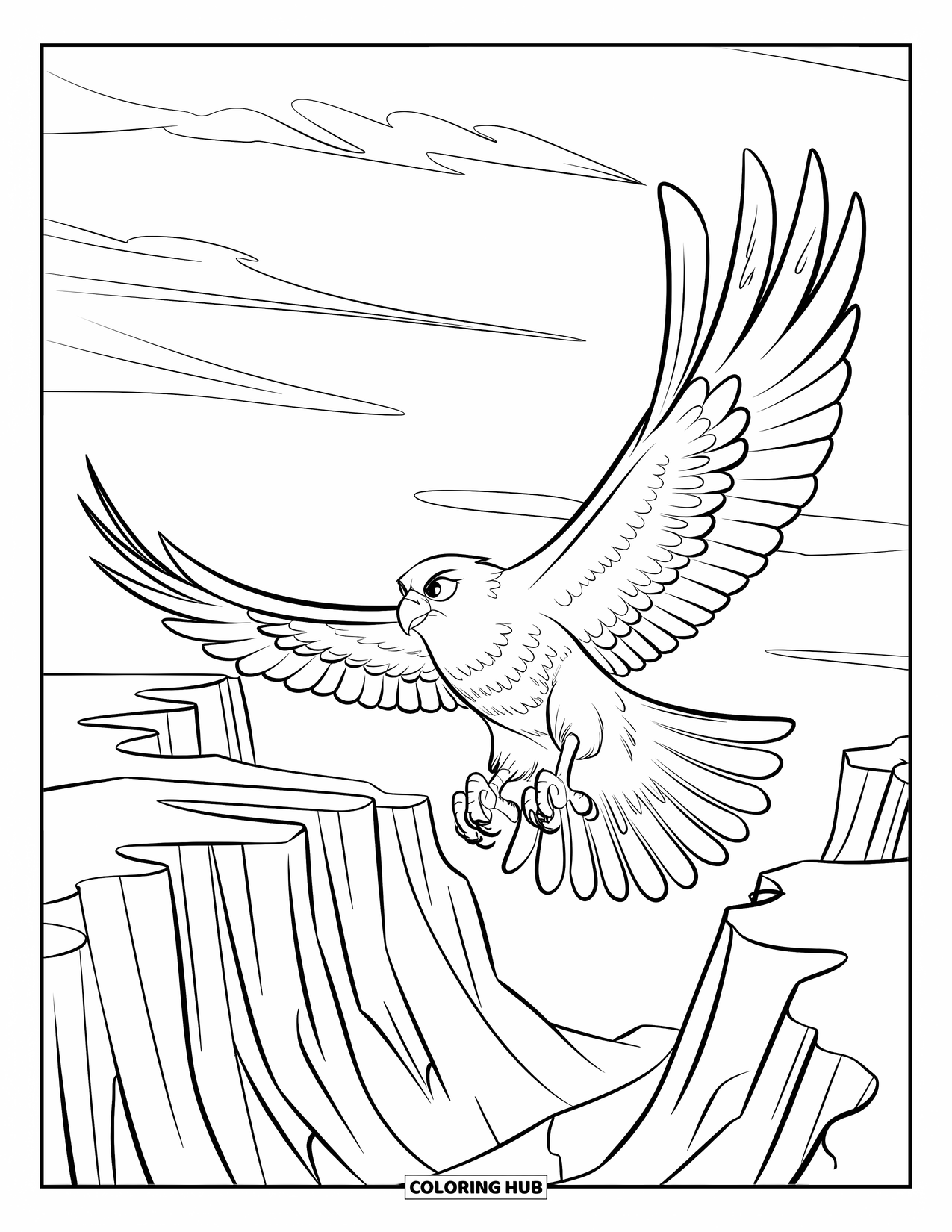 Hawk Coloring Page for Kids: Hawk catching wind over a canyon with dramatic cliffs and sky