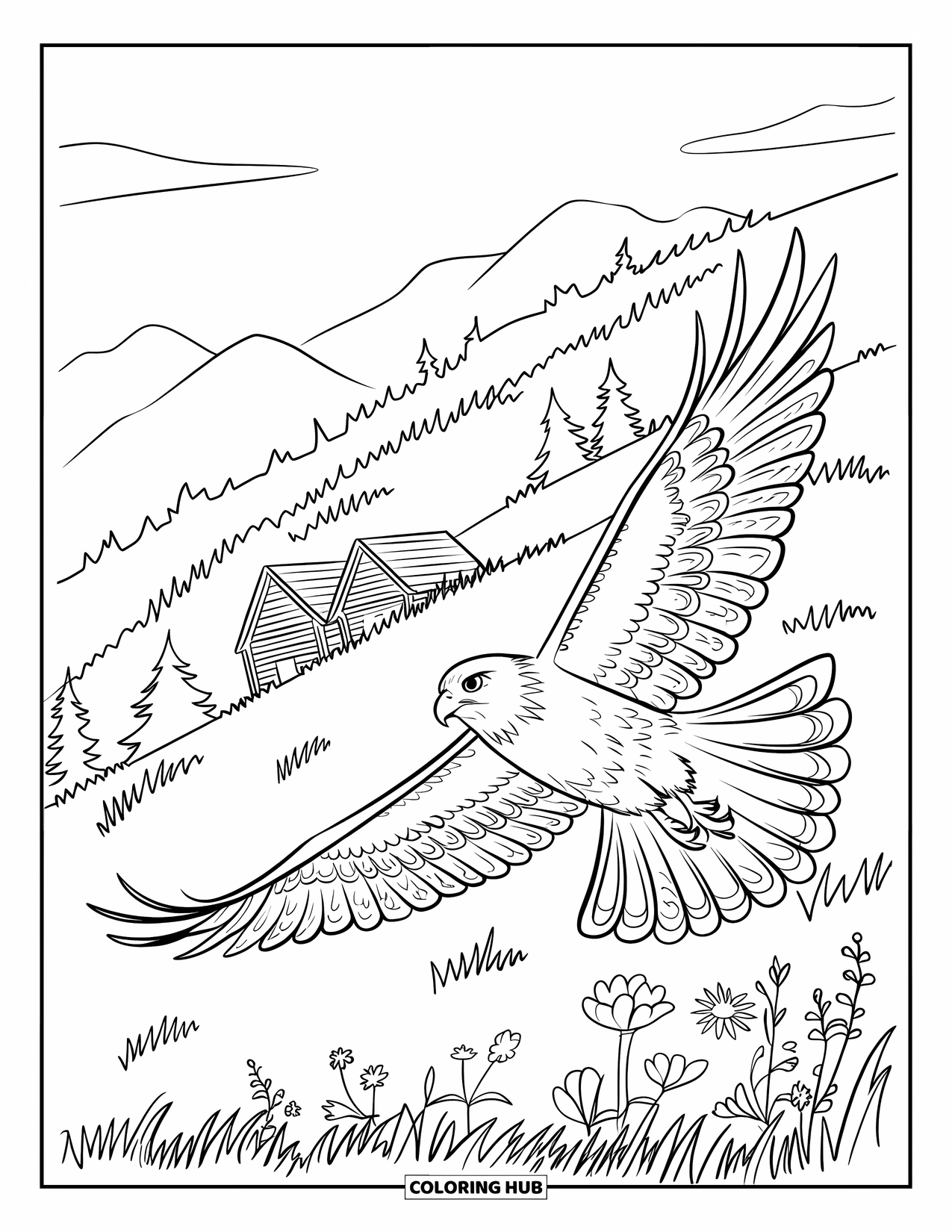 Hawk Coloring Page for Kids: Hawk flying above flowered hills and forest cabins