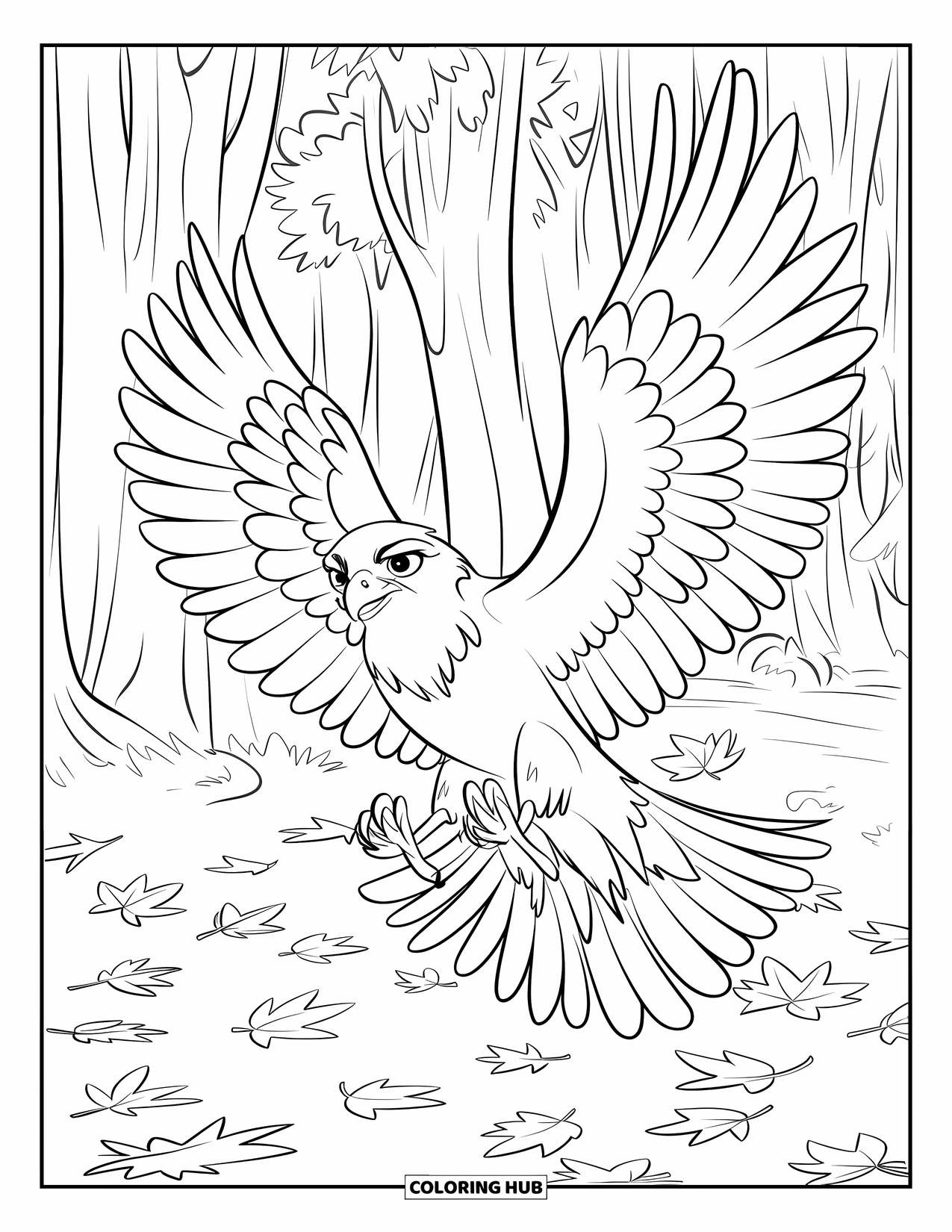 Hawk Coloring Page for Kids: Hawk flying through falling autumn leaves in a forest