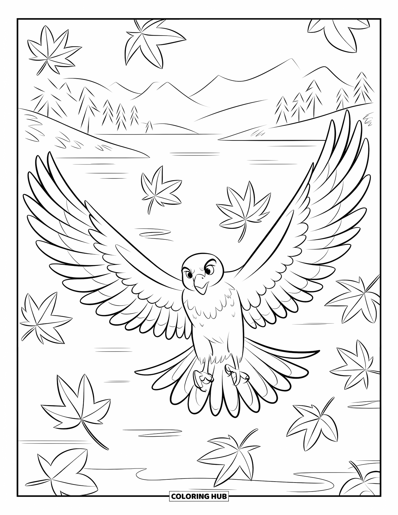 Hawk Coloring Page for Kids: Hawk gliding through colorful leaves with mountains and water behind