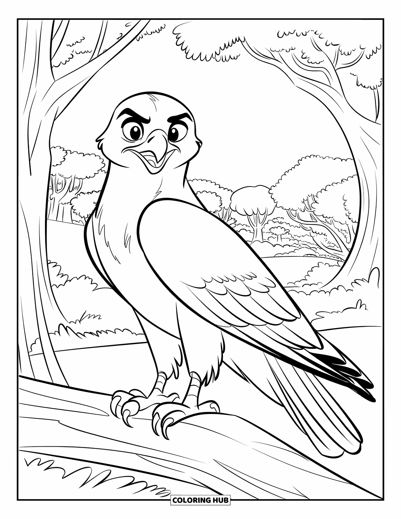 Hawk Coloring Page for Kids: Hawk perched on a branch above a wide forest full of trees