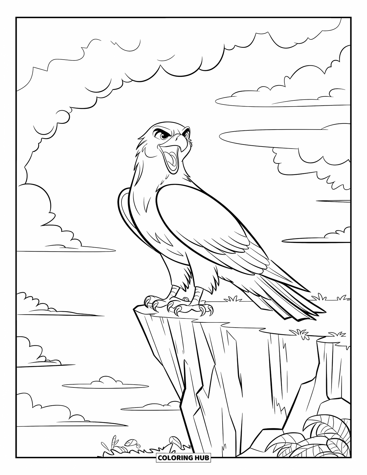 Hawk Coloring Page for Kids: Hawk perched on a rocky cliff with open beak and stormy sky