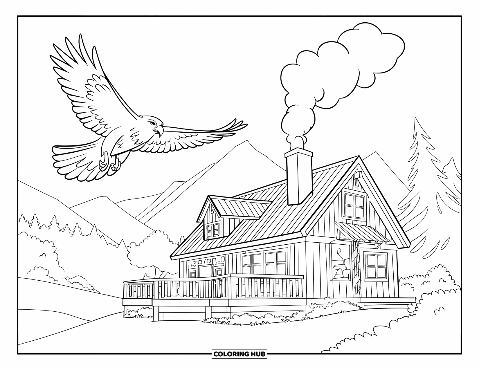 Hawk Coloring Page for Kids: Hawk soars near a cabin surrounded by trees and mountains