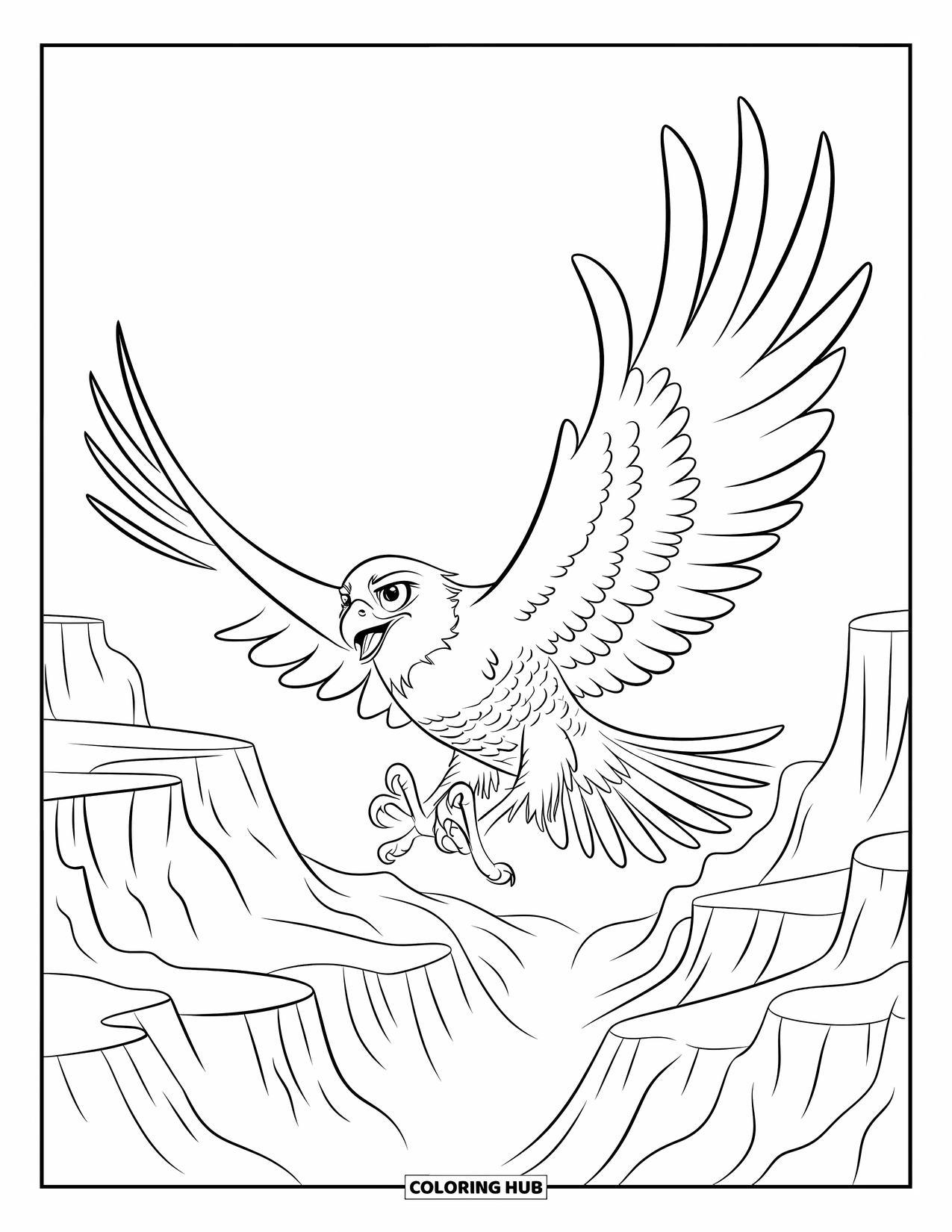 Hawk Coloring Page for Kids: Hawk soars over canyon cliffs with talons out and sharp focus