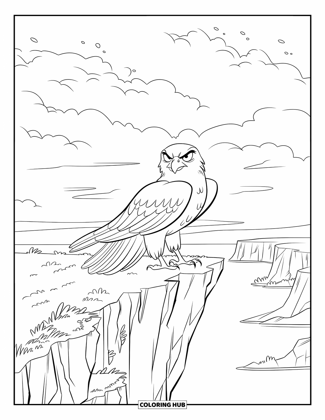 Hawk Coloring Page for Kids: Hawk stands alert on a cliff edge with dramatic clouds and water