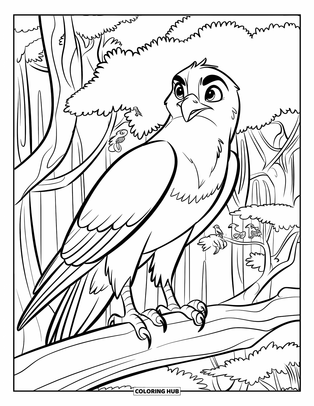 Hawk Coloring Page for Kids: Hawk stands firm on a tree branch overlooking dense trees