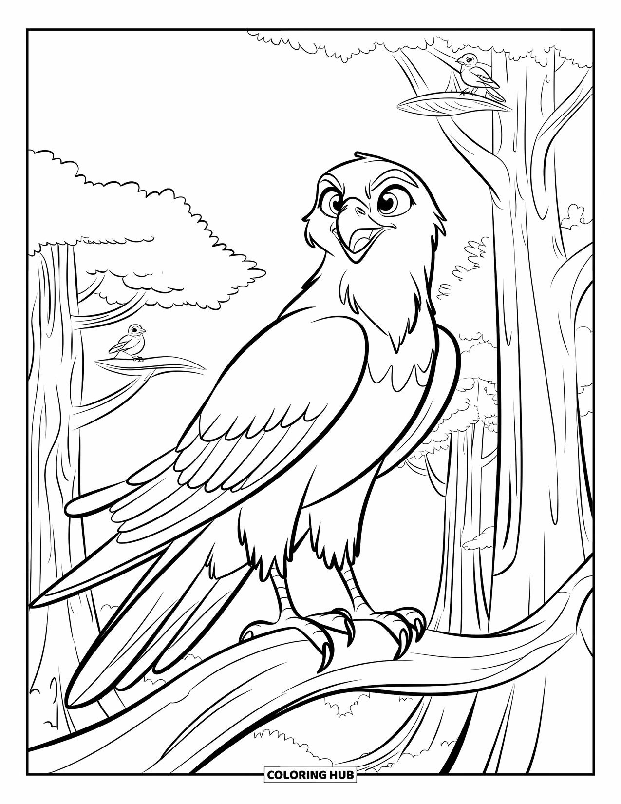 Hawk Coloring Page for Kids: Hawk with feathers raised watches a forest from a tall branch