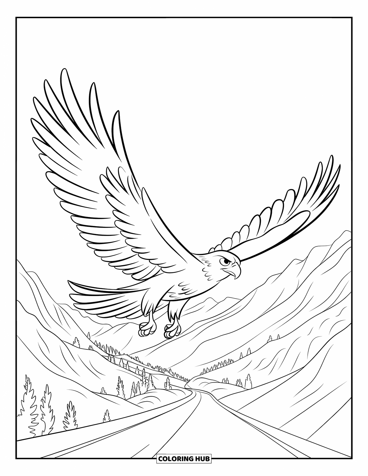 Hawk Coloring Page for Kids: Hawk with sharp focus flies over peaks and a winding road