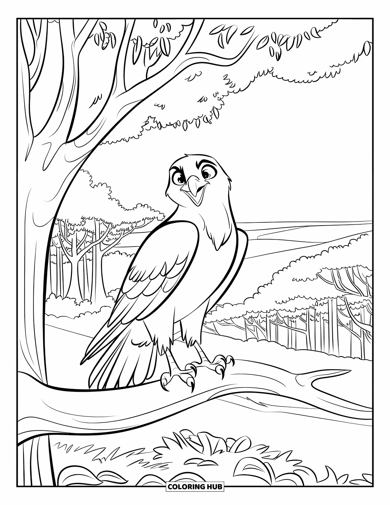 Hawk Coloring Page for Kids: Proud hawk standing tall on a branch above a vast forest