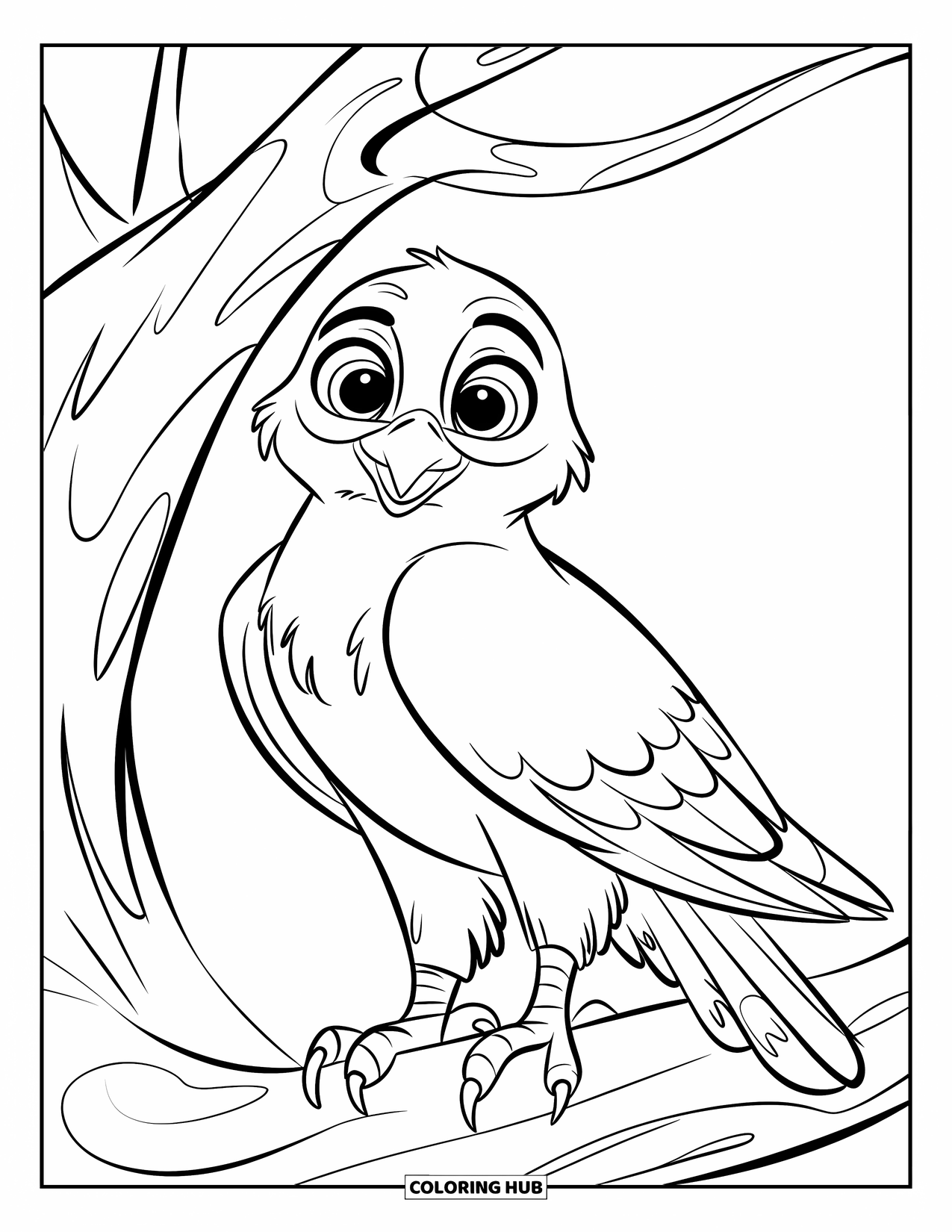 Hawk Coloring Page for Kids: Smiling hawk with chubby wings perched on a big tree branch