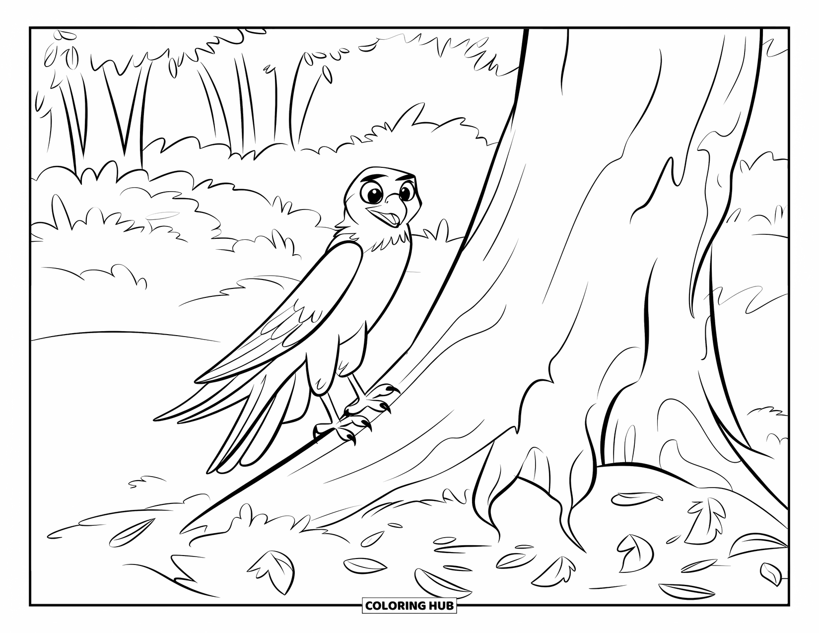 Hawk Coloring Page for Kids: Winged hawk perched proudly on a tree in a forest scene