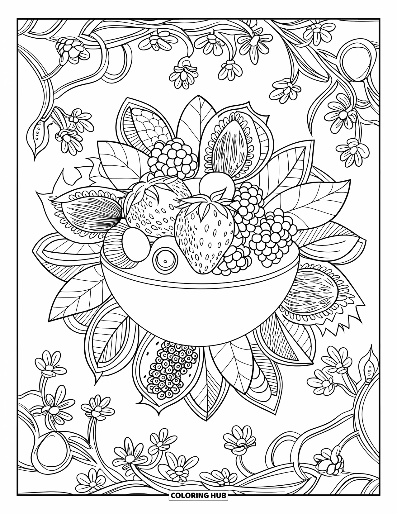Healthy Food Coloring Page for Adults: Bowl of mixed berries surrounded by botanical mandalas and leaves