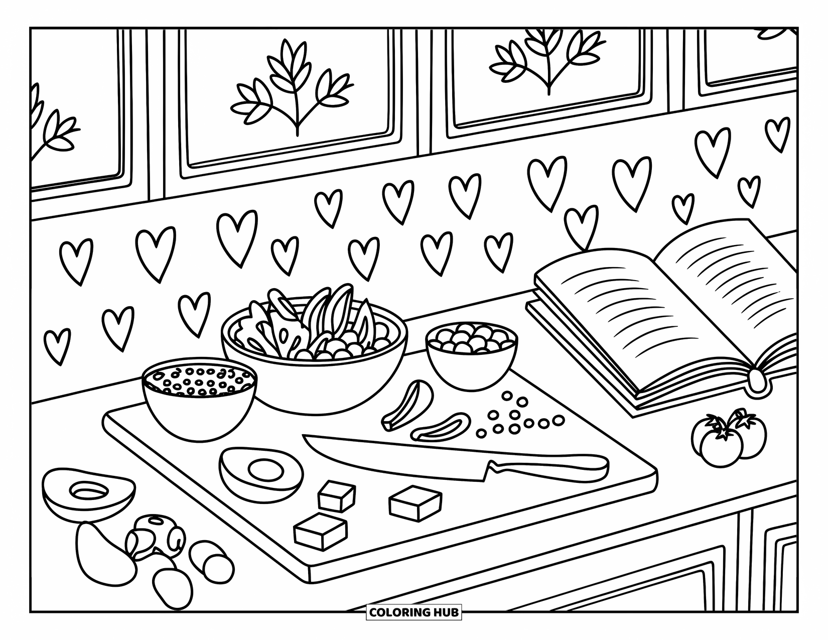 Healthy Food Coloring Page for Adults: Chopped veggies and tofu on a cozy counter with a heart-doodled recipe book