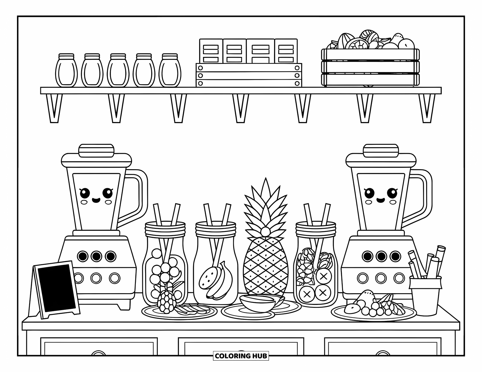 Healthy Food Coloring Page for Adults: Cozy smoothie stand with cute blenders, fruit jars, and playful drink names