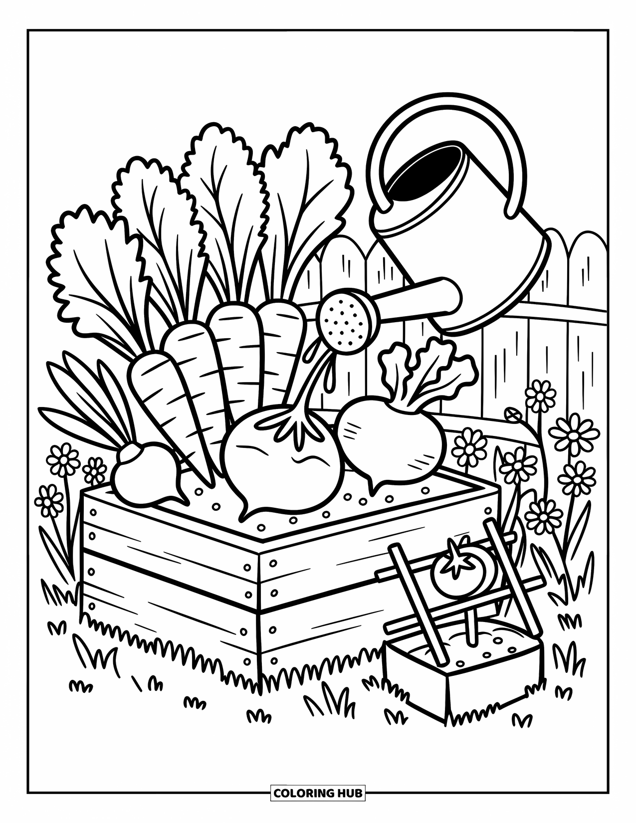 Healthy Food Coloring Page for Adults: Cozy veggie garden with roots, greens, and a tiny watering can