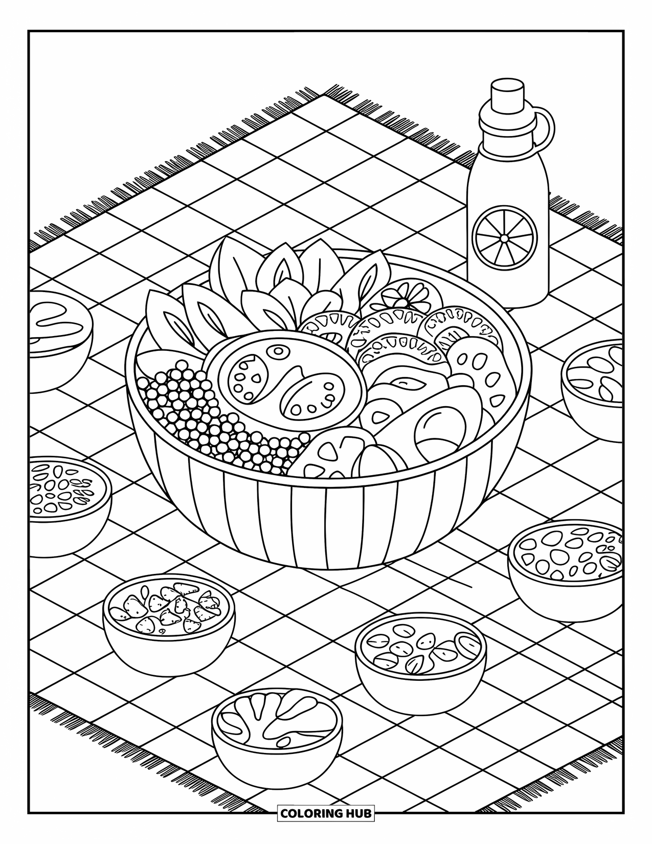 Healthy Food Coloring Page for Adults: Cute picnic setup with salad, toppings, and a playful citrus water bottle