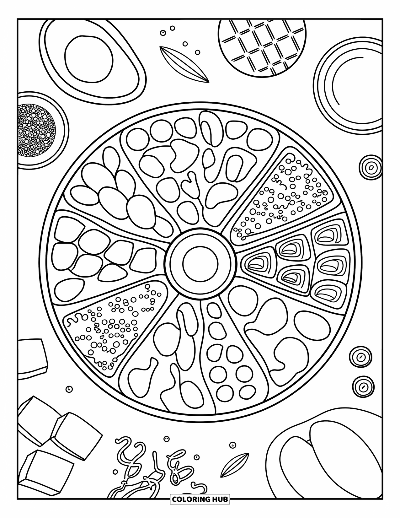 Healthy Food Coloring Page for Adults: Cute rice bowl with toppings and cozy spirals, tea, and sesame seeds