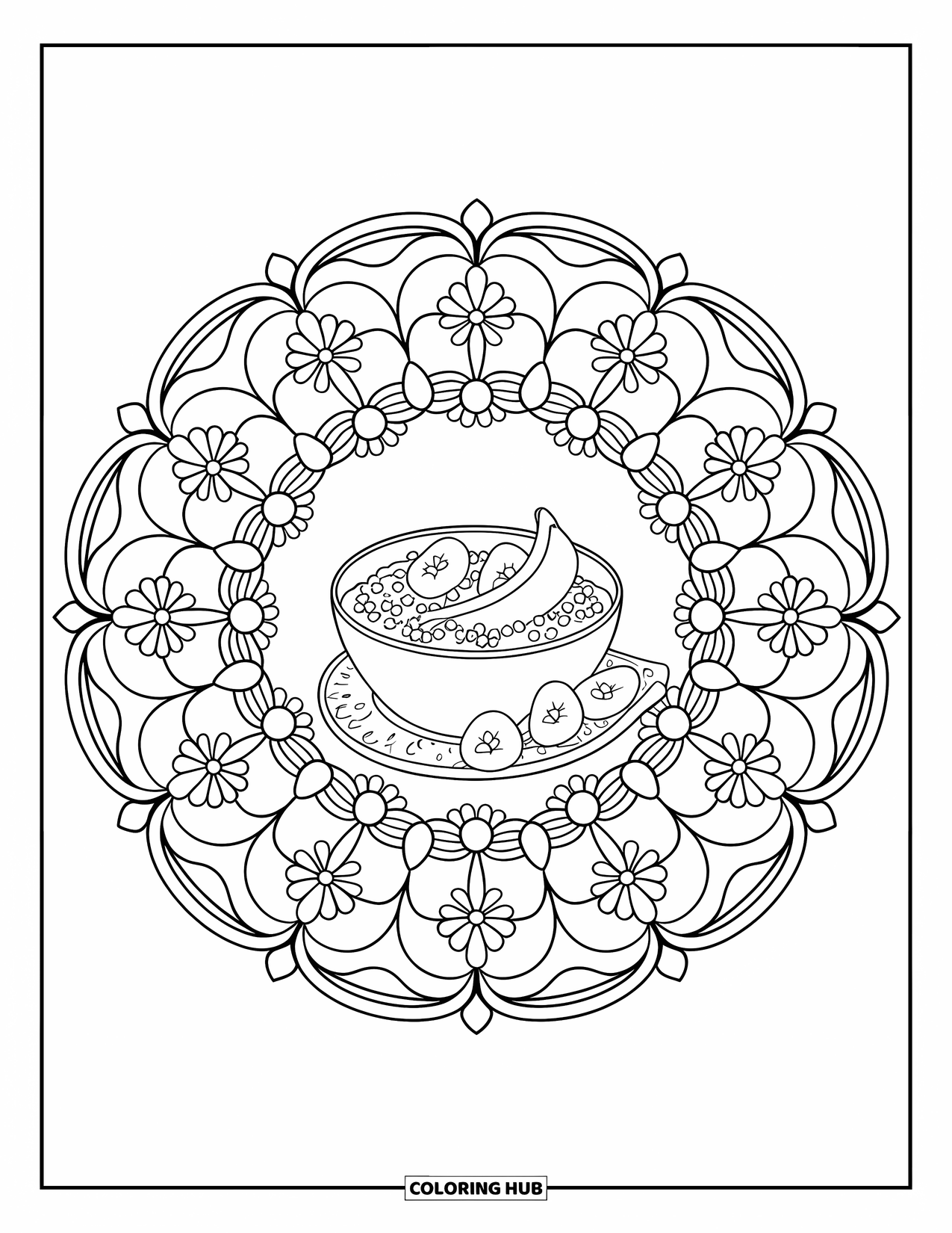 Healthy Food Coloring Page for Adults: Floral mandala with a bowl of oatmeal, banana, and nuts in the center