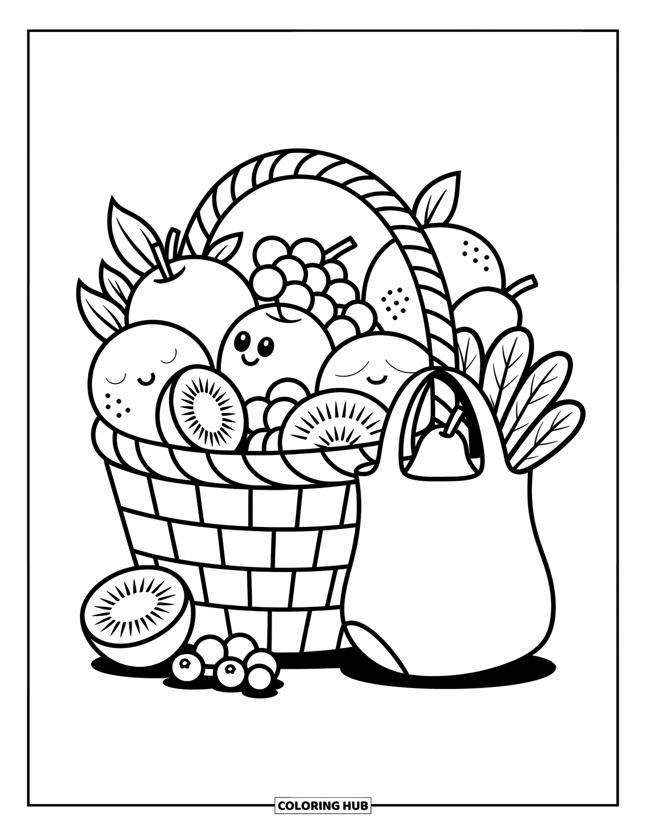 Healthy Food Coloring Page for Adults: Fruit basket with apples, grapes, and a tote bag spilling a pear and spinach