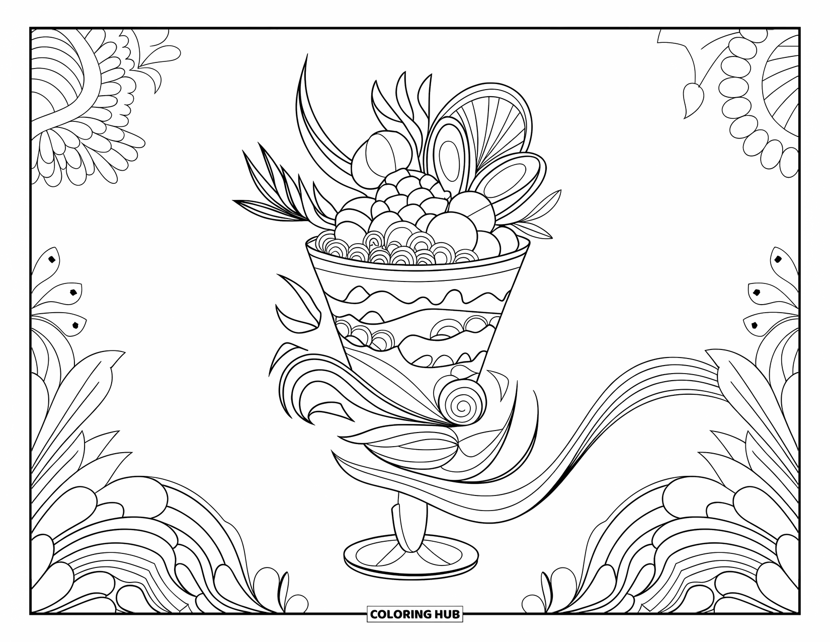 Healthy Food Coloring Page for Adults: Fruit parfait wrapped in flowing flowers and artistic floral patterns