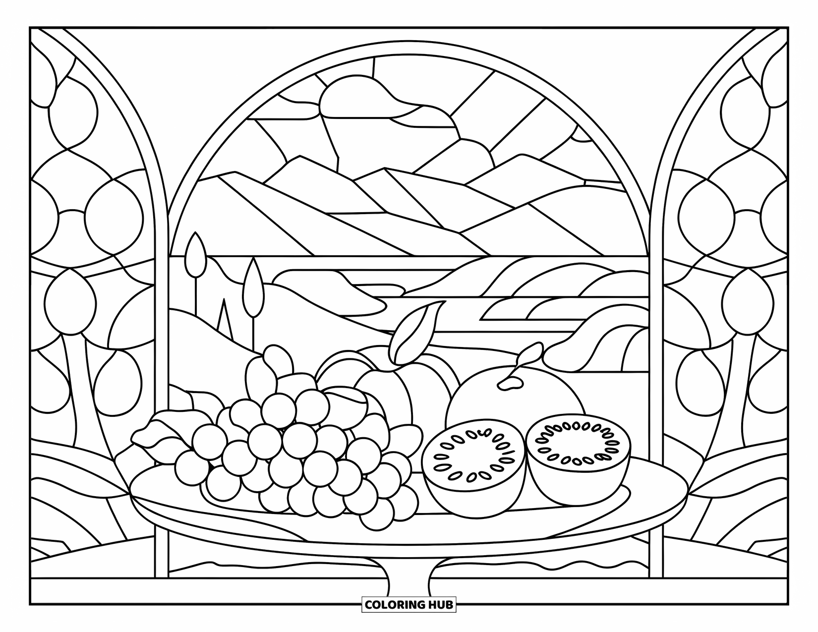 Healthy Food Coloring Page for Adults: Fruit platter in stained glass with grapes, kiwi, and oranges by a peaceful lake