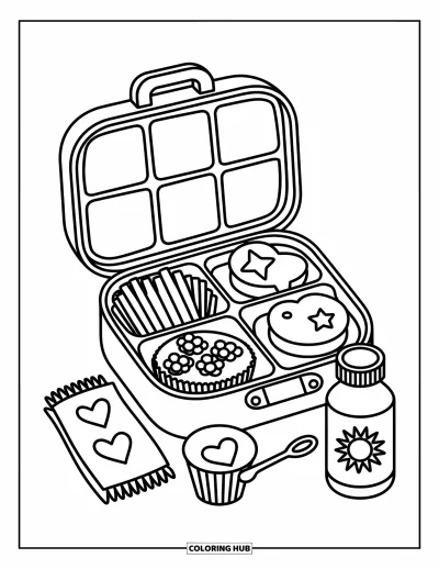Kolorowanka ze zdrowym jedzeniem dla dorosłych: Lunchbox z przekąskami, łyżką i serwetką w serduszka obok butelki z sokiem