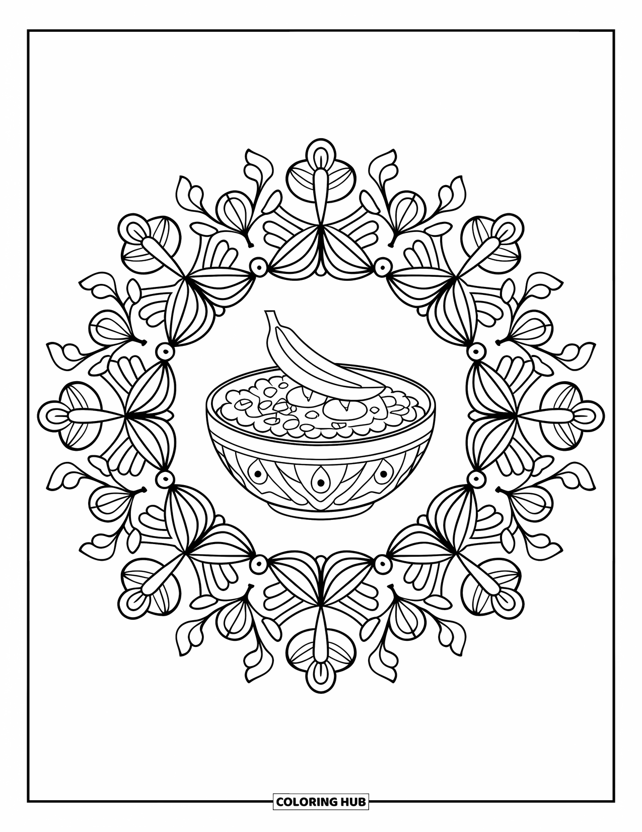 Healthy Food Coloring Page for Adults: Mandala of flowers and vines surrounding a bowl of banana oatmeal